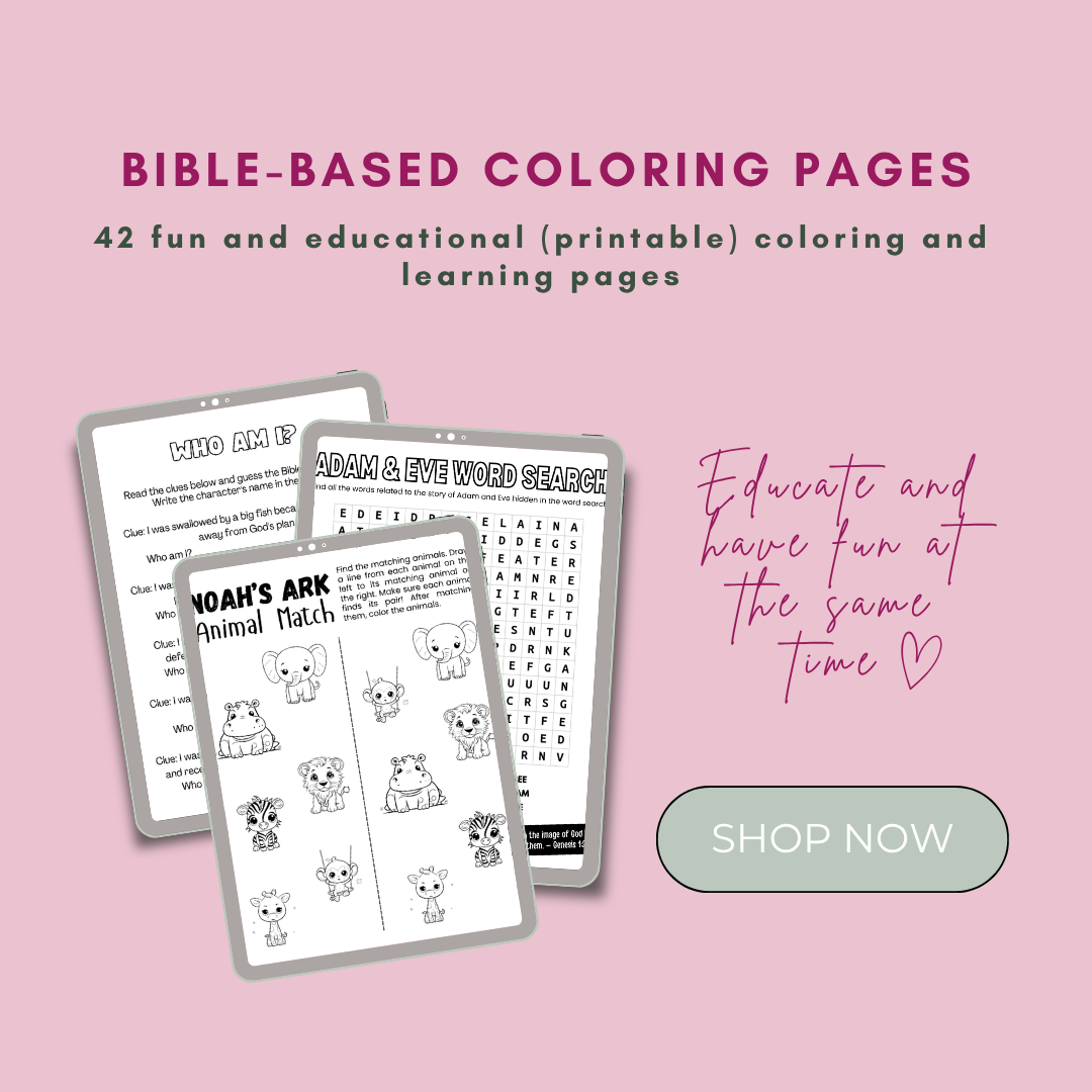 Bible-based coloring pages on a pink background with text promoting educational and fun activities.