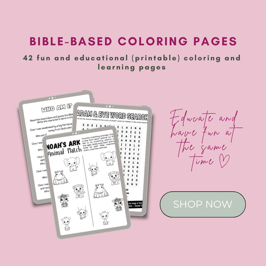 Bible-based coloring pages on a pink background with text promoting educational and fun activities.